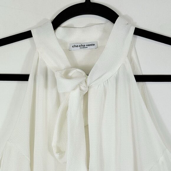 Cha Cha Vente Womens Medium Ivory Crinkle Crepe Tie Front Halter Tank Top Shirt - Picture 3 of 8